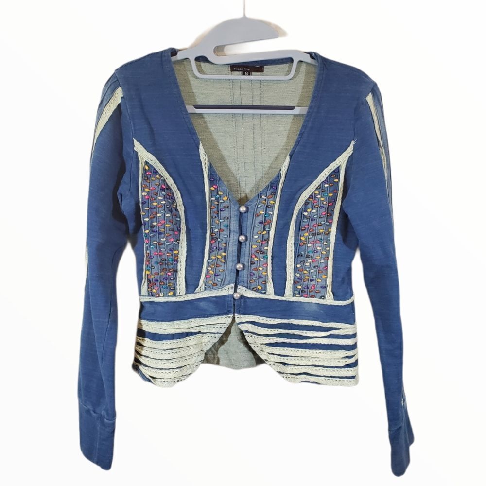 Freda Five Beaded Stretch Denim Boho Art to Wear Distressed Jacket